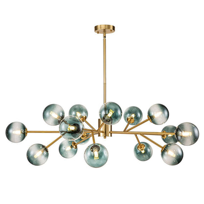 Dimmable Glass Globe Pendant Light 44 in Wide 15-Bulb Branch Fixture Black Gold Frame Azure Blue Orbs for Dining Room Great Room Kitchen Isl