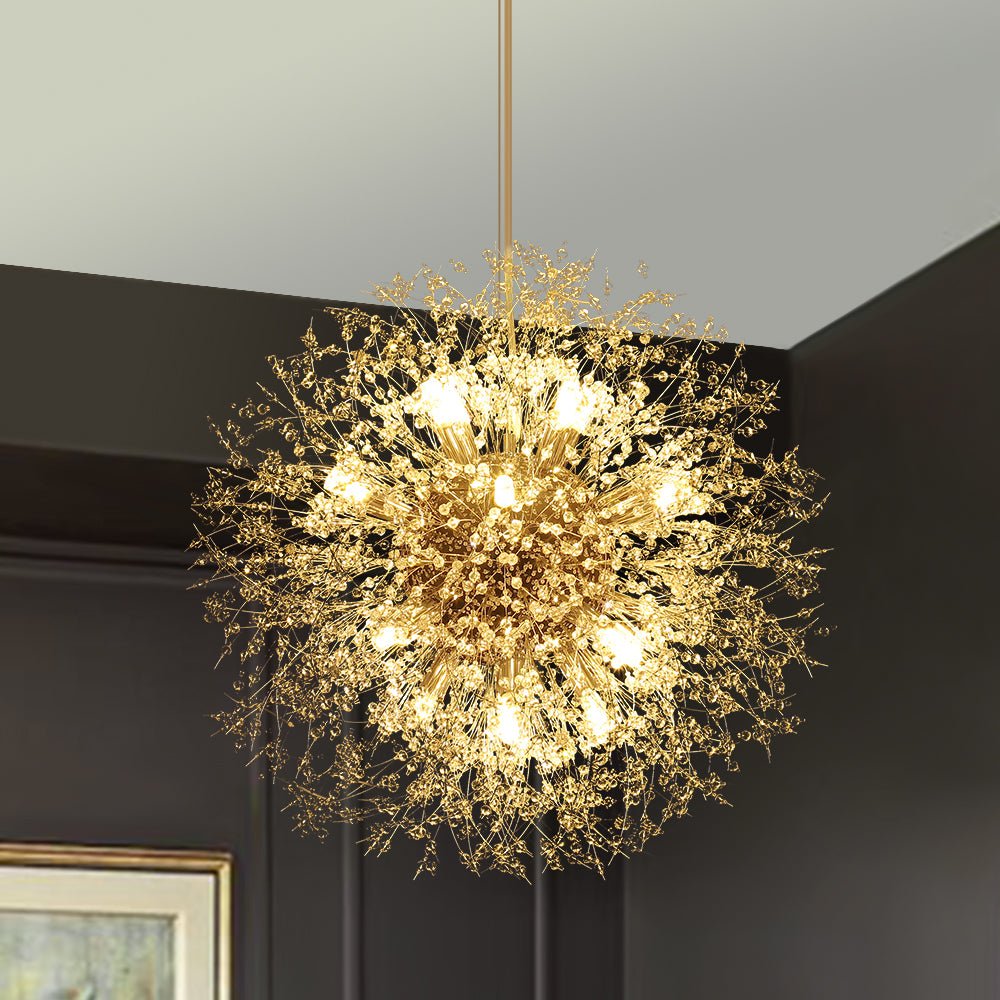 Starburst Crystal Chandelier 31.5 Inch Metal Brass Chrome Adjustable Height Dining Room Entryway Ceiling Light Fixture with G9 Sockets