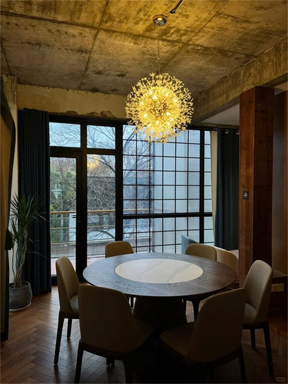 Starburst Crystal Chandelier 31.5 Inch Metal Brass Chrome Adjustable Height Dining Room Entryway Ceiling Light Fixture with G9 Sockets
