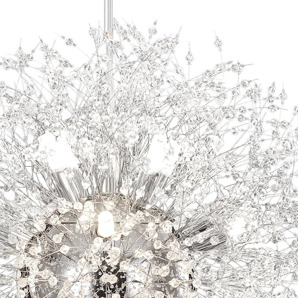 Starburst Crystal Chandelier 31.5 Inch Metal Brass Chrome Adjustable Height Dining Room Entryway Ceiling Light Fixture with G9 Sockets