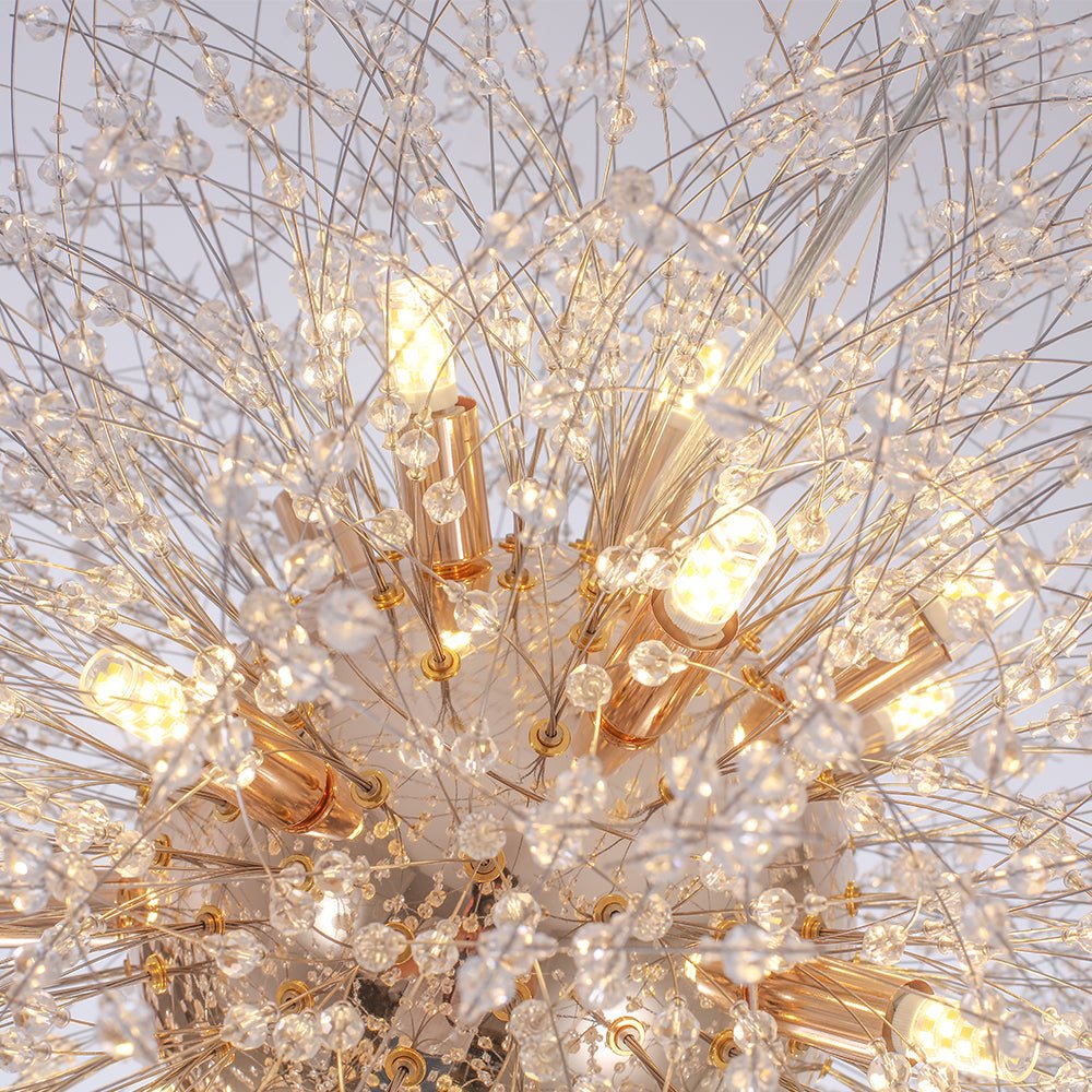 Starburst Crystal Chandelier 31.5 Inch Metal Brass Chrome Adjustable Height Dining Room Entryway Ceiling Light Fixture with G9 Sockets