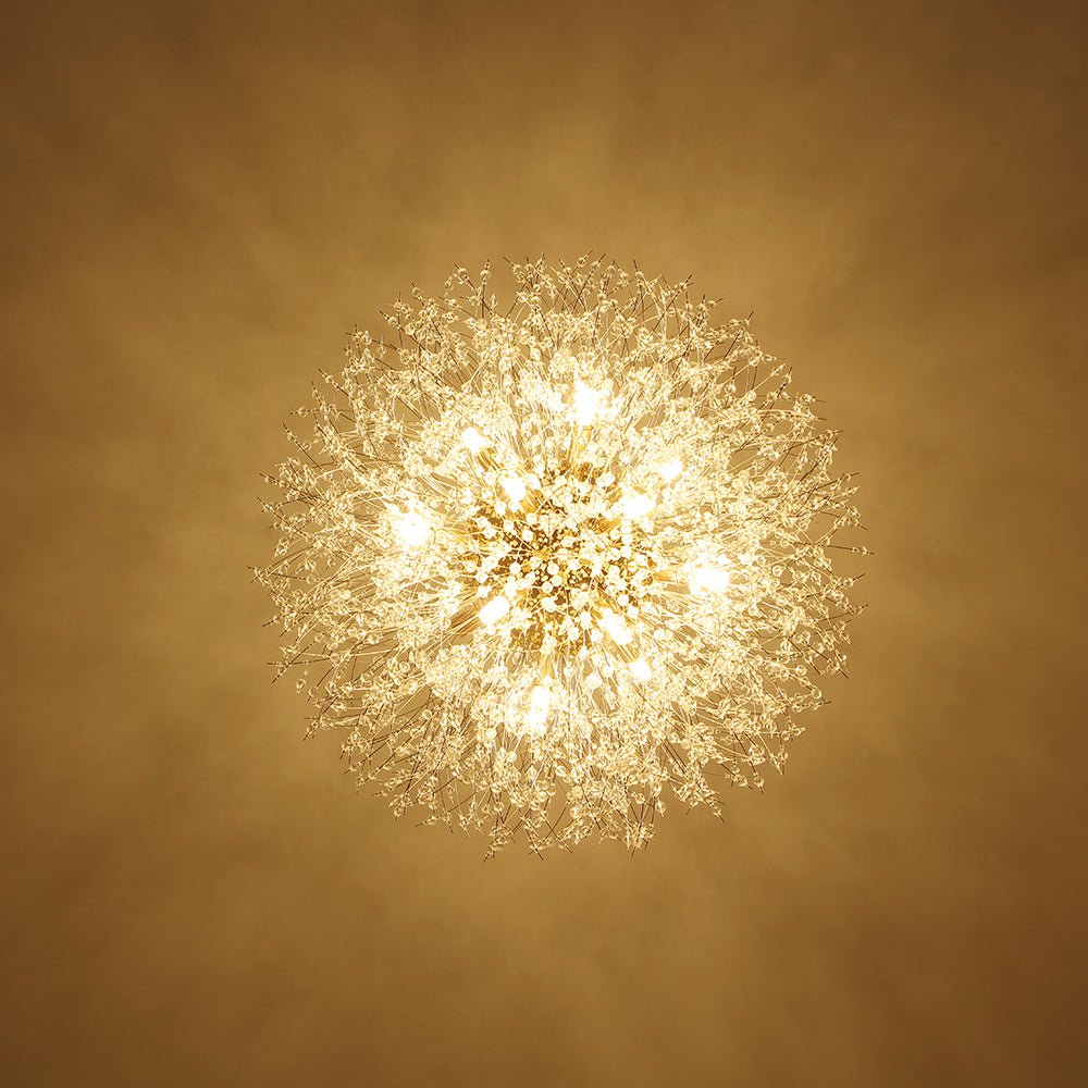 Starburst Crystal Chandelier 31.5 Inch Metal Brass Chrome Adjustable Height Dining Room Entryway Ceiling Light Fixture with G9 Sockets