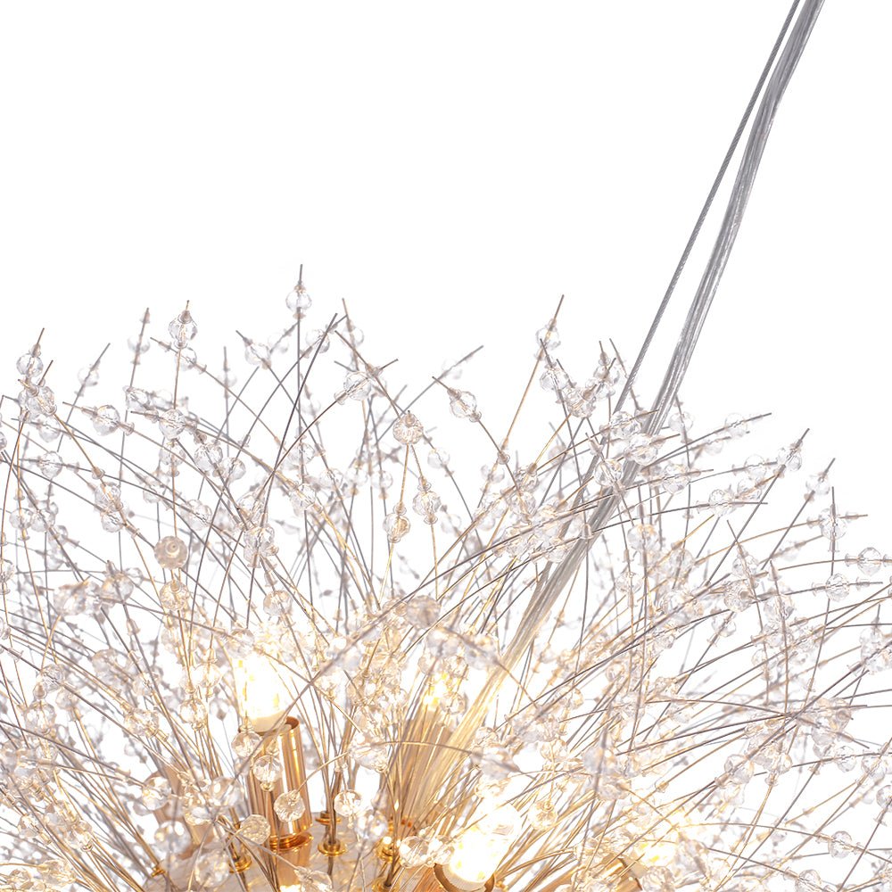 Starburst Crystal Chandelier 31.5 Inch Metal Brass Chrome Adjustable Height Dining Room Entryway Ceiling Light Fixture with G9 Sockets