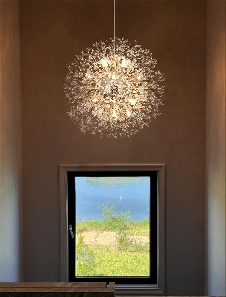 Starburst Crystal Chandelier 31.5 Inch Metal Brass Chrome Adjustable Height Dining Room Entryway Ceiling Light Fixture with G9 Sockets