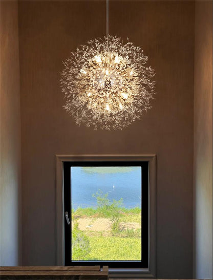 Starburst Crystal Chandelier 31.5 Inch Metal Brass Chrome Adjustable Height Dining Room Entryway Ceiling Light Fixture with G9 Sockets