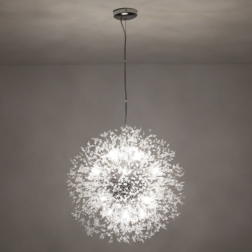 Starburst Crystal Chandelier 31.5 Inch Metal Brass Chrome Adjustable Height Dining Room Entryway Ceiling Light Fixture with G9 Sockets
