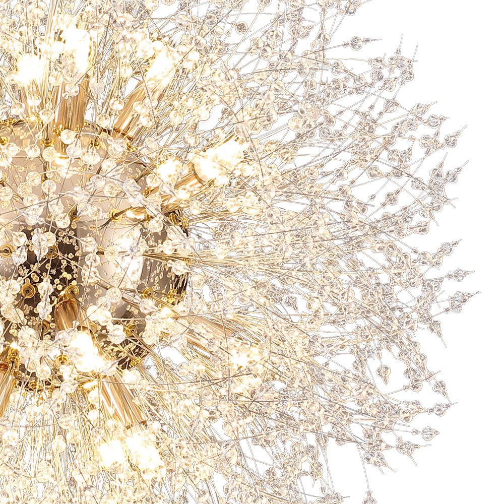 Starburst Crystal Chandelier 31.5 Inch Metal Brass Chrome Adjustable Height Dining Room Entryway Ceiling Light Fixture with G9 Sockets