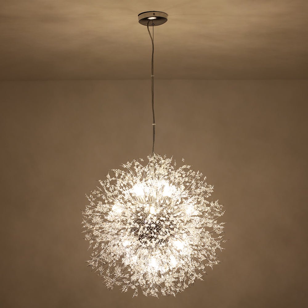 Starburst Crystal Chandelier 31.5 Inch Metal Brass Chrome Adjustable Height Dining Room Entryway Ceiling Light Fixture with G9 Sockets
