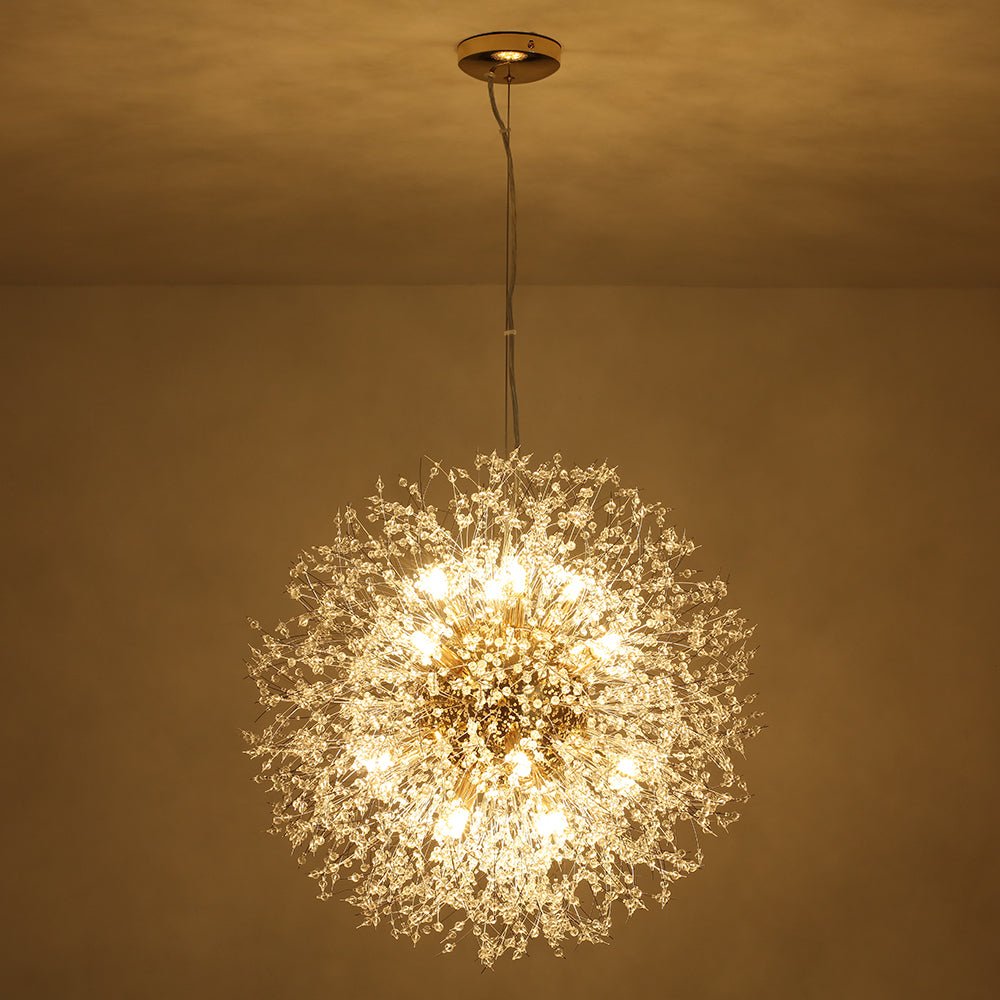 Starburst Crystal Chandelier 31.5 Inch Metal Brass Chrome Adjustable Height Dining Room Entryway Ceiling Light Fixture with G9 Sockets