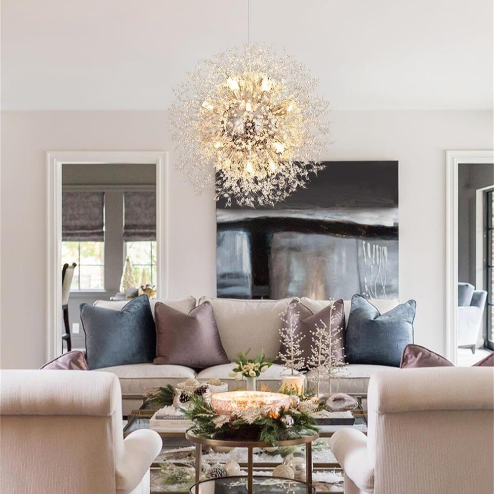 Starburst Crystal Chandelier 31.5 Inch Metal Brass Chrome Adjustable Height Dining Room Entryway Ceiling Light Fixture with G9 Sockets