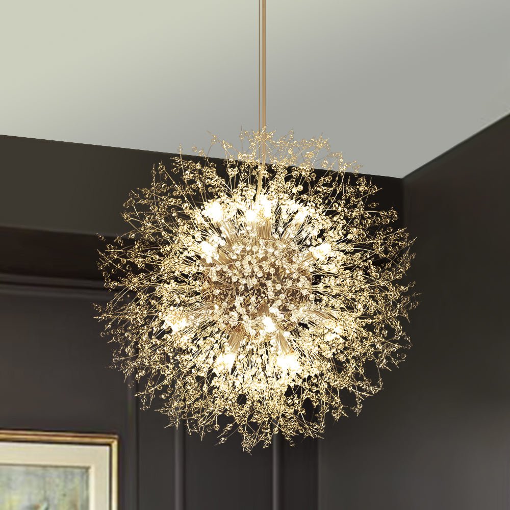 Starburst Crystal Chandelier 31.5 Inch Metal Brass Chrome Adjustable Height Dining Room Entryway Ceiling Light Fixture with G9 Sockets