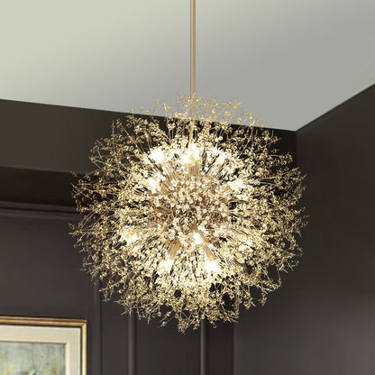 Starburst Crystal Chandelier 31.5 Inch Metal Brass Chrome Adjustable Height Dining Room Entryway Ceiling Light Fixture with G9 Sockets