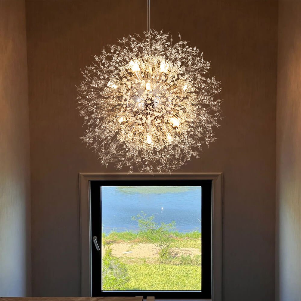 Starburst Crystal Chandelier 31.5 Inch Metal Brass Chrome Adjustable Height Dining Room Entryway Ceiling Light Fixture with G9 Sockets