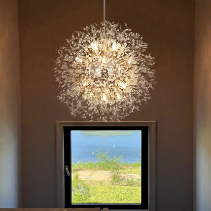 Starburst Crystal Chandelier 31.5 Inch Metal Brass Chrome Adjustable Height Dining Room Entryway Ceiling Light Fixture with G9 Sockets