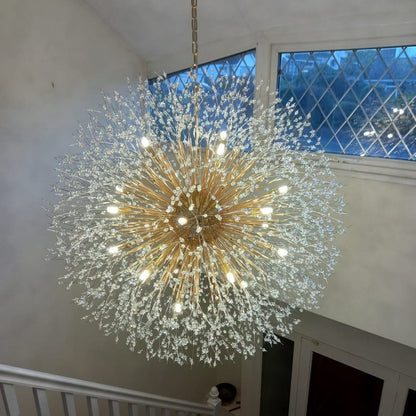 39-Inch Starburst Pendant Fixture 20-Light Acrylic Crystal Metal Frame Dining Room Entryway Brass Chrome Adjustable Chain Ceiling Light G9 L