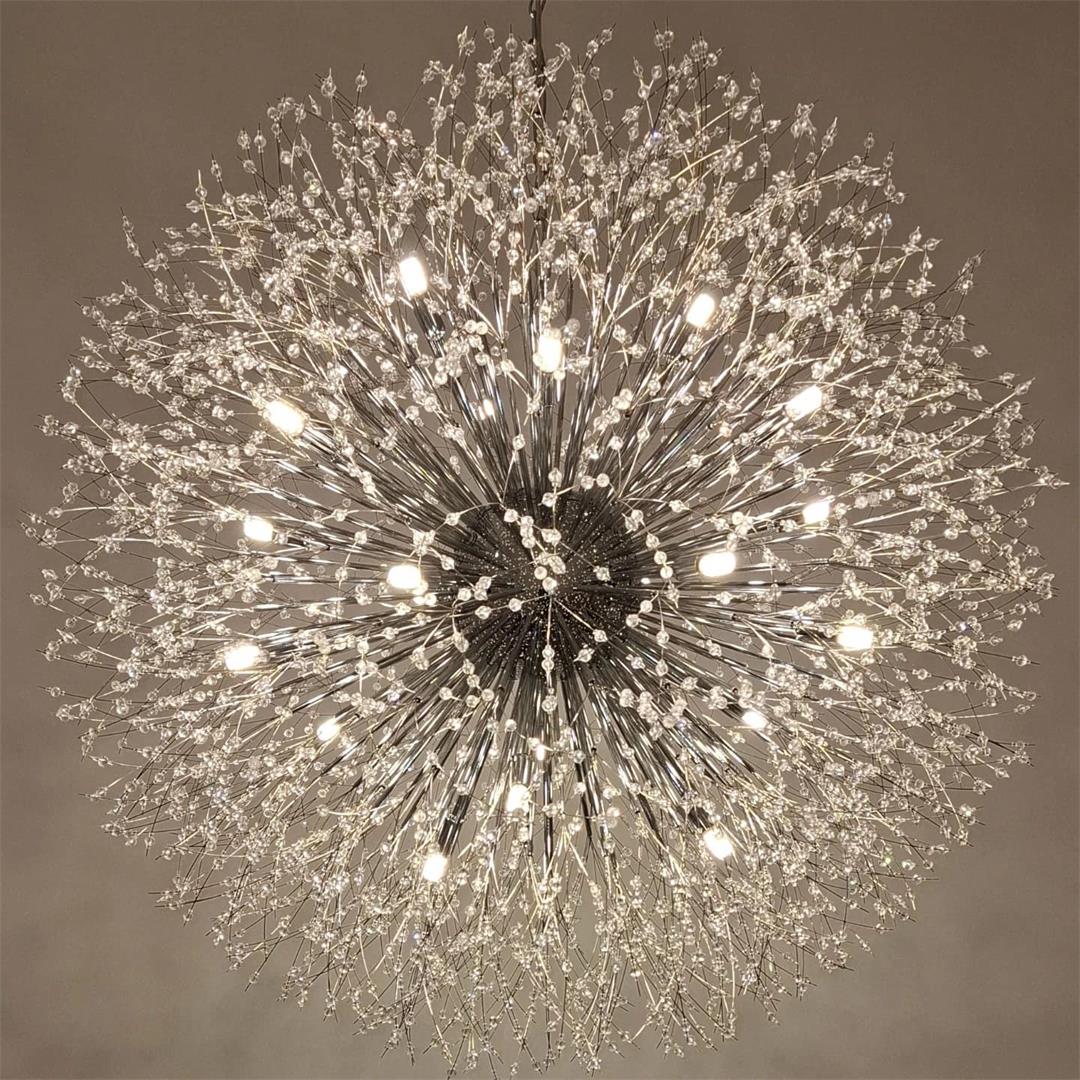 39-Inch Starburst Pendant Fixture 20-Light Acrylic Crystal Metal Frame Dining Room Entryway Brass Chrome Adjustable Chain Ceiling Light G9 L