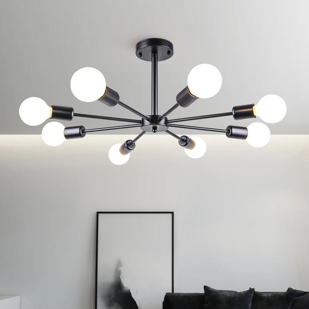 Eight-Arm Metal Pendant Light 24 in Black Brass Chrome Nickel Multi-Bulb Semi-Flush Fixture for Dining Room Kitchen Living Room Contemporary