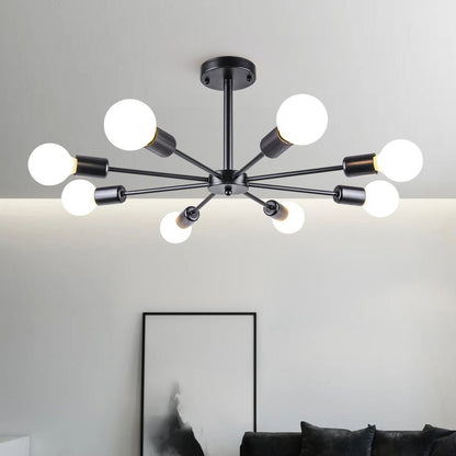 Eight-Arm Metal Pendant Light 24 in Black Brass Chrome Nickel Multi-Bulb Semi-Flush Fixture for Dining Room Kitchen Living Room Contemporary