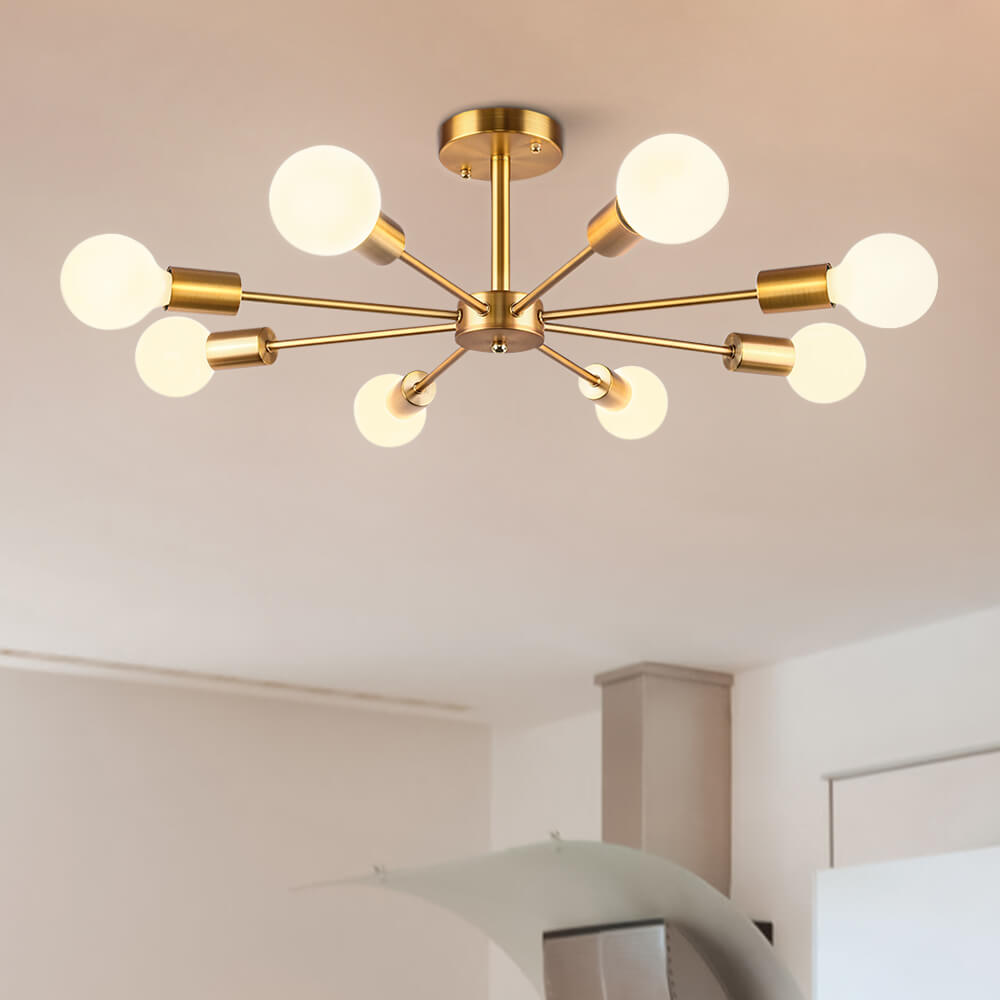 Eight-Arm Metal Pendant Light 24 in Black Brass Chrome Nickel Multi-Bulb Semi-Flush Fixture for Dining Room Kitchen Living Room Contemporary