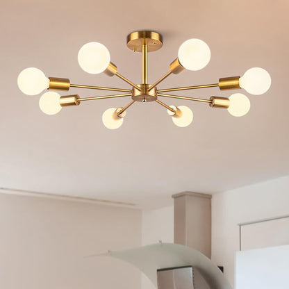 Eight-Arm Metal Pendant Light 24 in Black Brass Chrome Nickel Multi-Bulb Semi-Flush Fixture for Dining Room Kitchen Living Room Contemporary