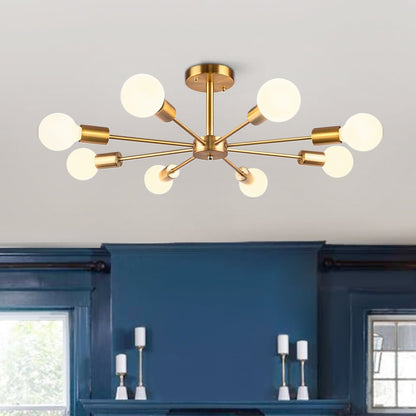 Eight-Arm Metal Pendant Light 24 in Black Brass Chrome Nickel Multi-Bulb Semi-Flush Fixture for Dining Room Kitchen Living Room Contemporary