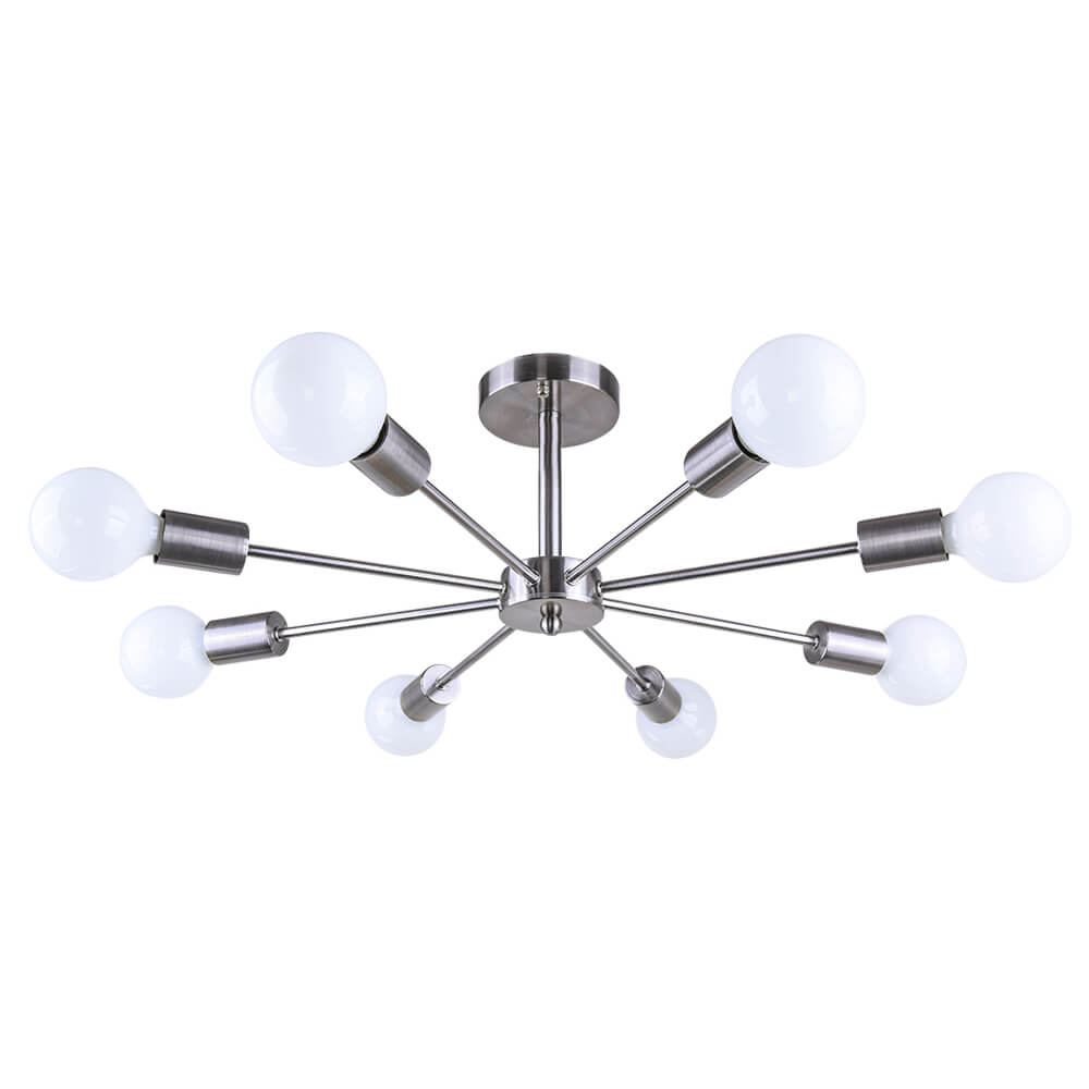 Eight-Arm Metal Pendant Light 24 in Black Brass Chrome Nickel Multi-Bulb Semi-Flush Fixture for Dining Room Kitchen Living Room Contemporary