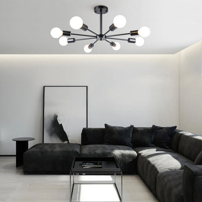 Eight-Arm Metal Pendant Light 24 in Black Brass Chrome Nickel Multi-Bulb Semi-Flush Fixture for Dining Room Kitchen Living Room Contemporary