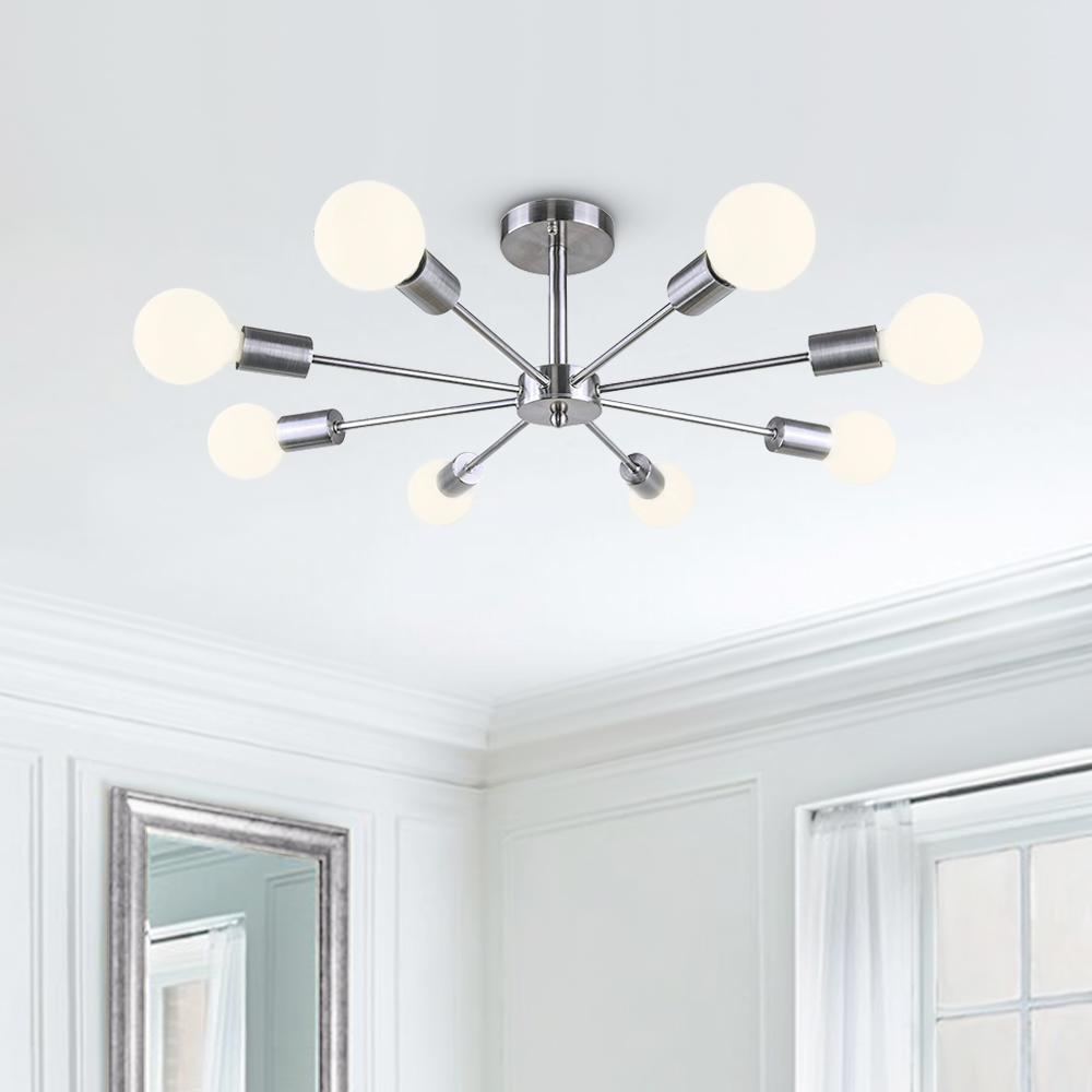 Eight-Arm Metal Pendant Light 24 in Black Brass Chrome Nickel Multi-Bulb Semi-Flush Fixture for Dining Room Kitchen Living Room Contemporary