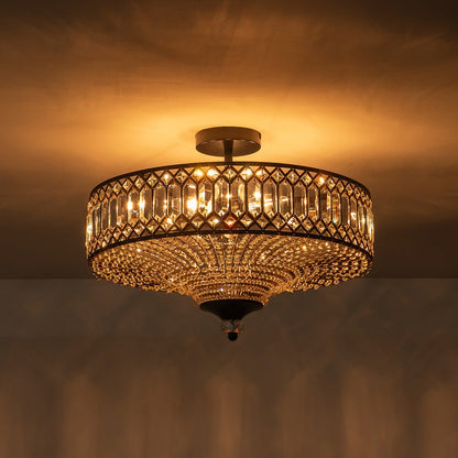 Sparkling Drum Flush Mount Light 20 in Round Crystal Ceiling Fixture Dimmable 6-Light for Bedroom Living Room