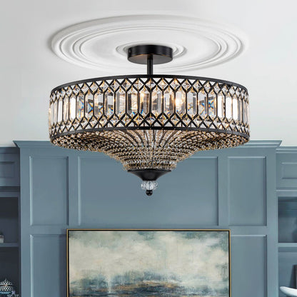 Sparkling Drum Flush Mount Light 20 in Round Crystal Ceiling Fixture Dimmable 6-Light for Bedroom Living Room