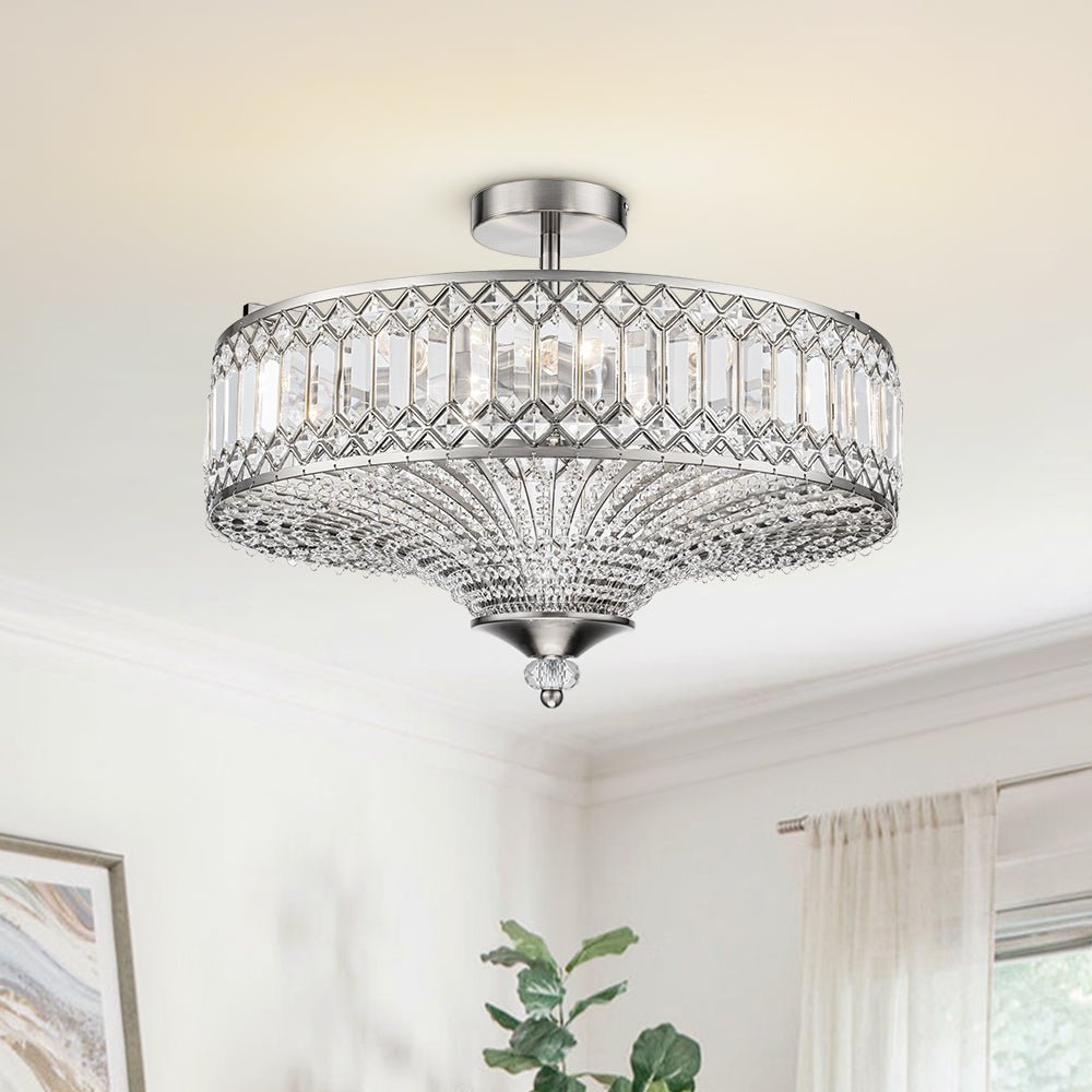 Sparkling Drum Flush Mount Light 20 in Round Crystal Ceiling Fixture Dimmable 6-Light for Bedroom Living Room
