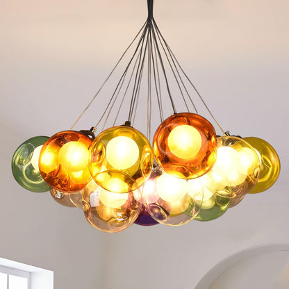 Multicolor Glass Globe Chandelier 20 Inch Cluster Adjustable Height Ceiling Light for Kitchen Dining Room Living Room Statement Lighting Fix