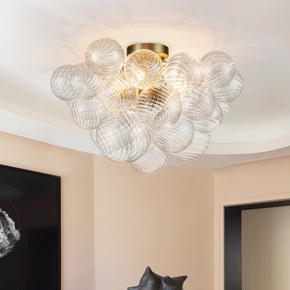 Three-Globe Semi-Flush Mount Light Fixture 21 in Textured Glass Spheres for Bathroom Bedroom Living Room Ambient Overhead Lighting E14 Socke