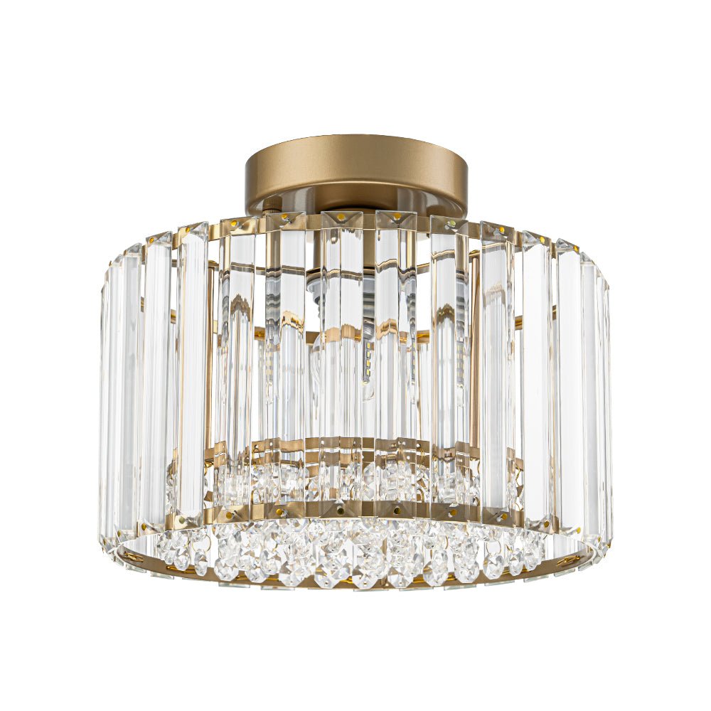 Flush Mount Crystal Fixture with Brass Tone – Dimmable Overhead Light for Entryways, Compact Rooms & Hallways – 10.6 in × 8.3 in Drum Design
