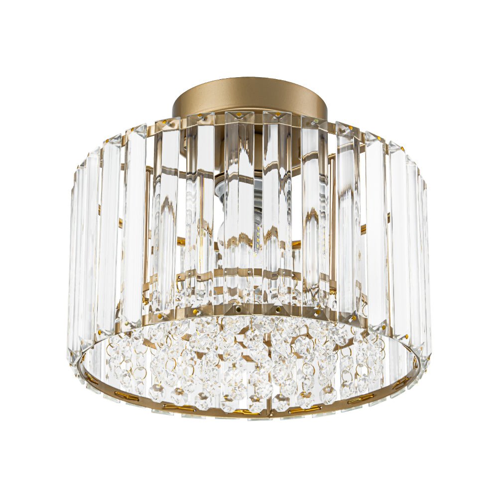 Flush Mount Crystal Fixture with Brass Tone – Dimmable Overhead Light for Entryways, Compact Rooms & Hallways – 10.6 in × 8.3 in Drum Design