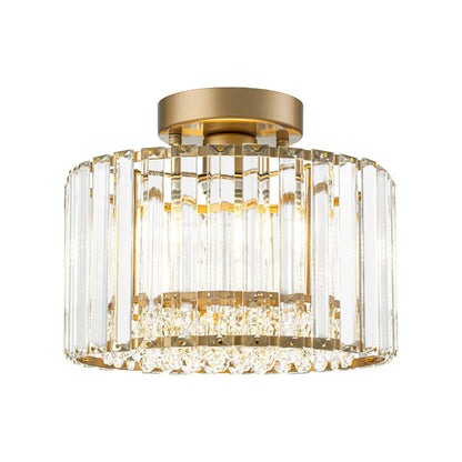 Flush Mount Crystal Fixture with Brass Tone – Dimmable Overhead Light for Entryways, Compact Rooms & Hallways – 10.6 in × 8.3 in Drum Design