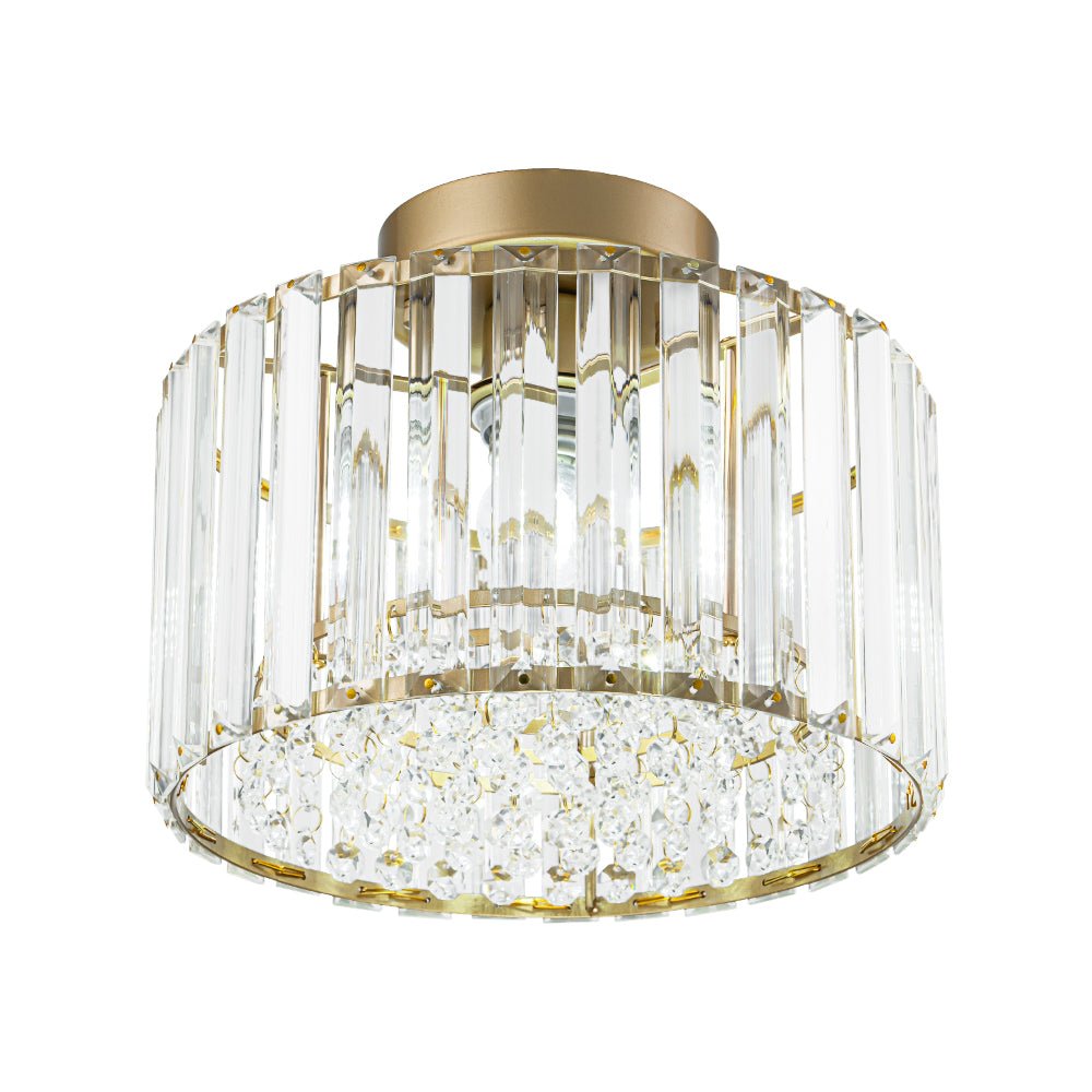 Flush Mount Crystal Fixture with Brass Tone – Dimmable Overhead Light for Entryways, Compact Rooms & Hallways – 10.6 in × 8.3 in Drum Design
