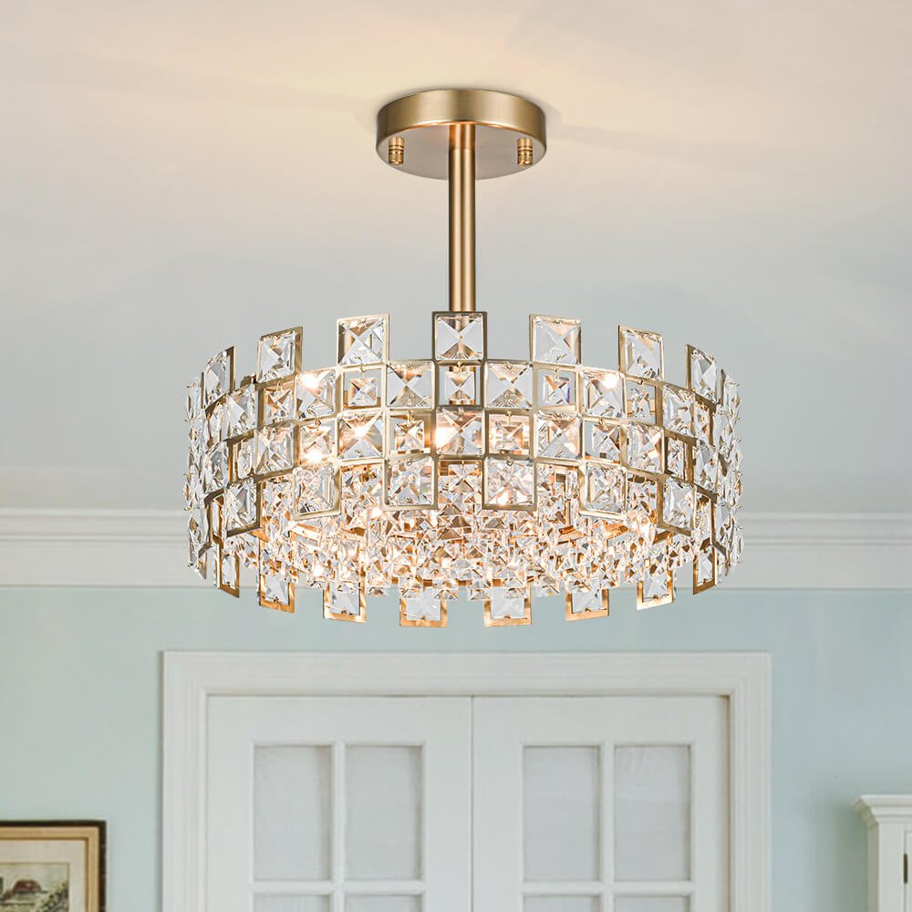 Semi-Flush Crystal Drum Light 15 Inch Dimmable Chrome Brass Metal Glass for Bedroom Living Room Dining Room Hallway Entry Foyer Modern Glam