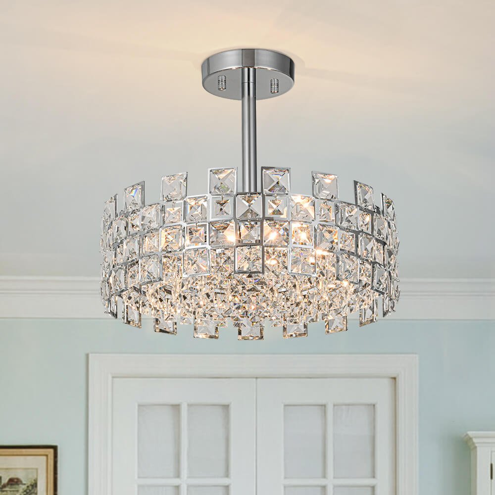 Semi-Flush Crystal Drum Light 15 Inch Dimmable Chrome Brass Metal Glass for Bedroom Living Room Dining Room Hallway Entry Foyer Modern Glam