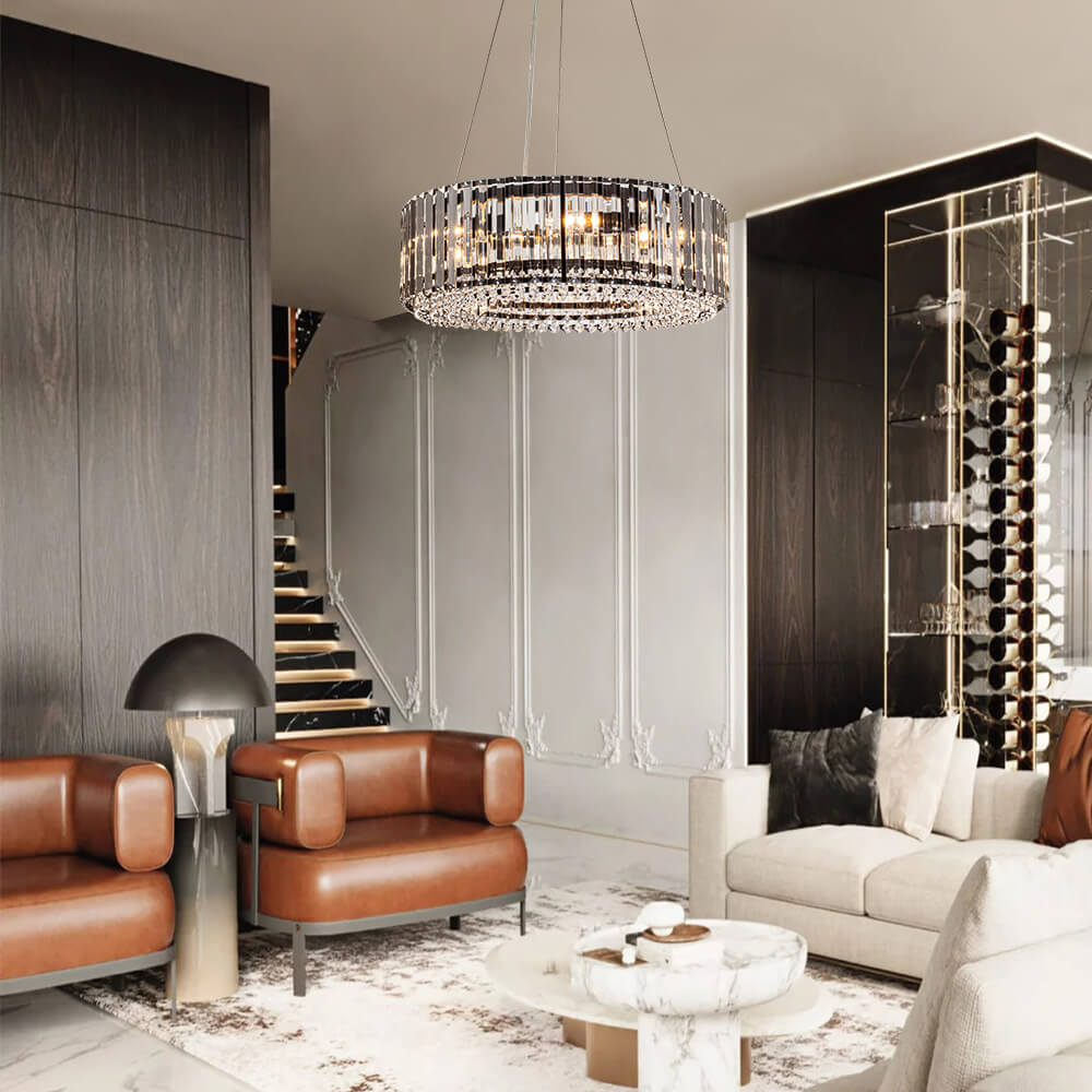 Six-Light Hanging Fixture with Faceted Crystals & Metal Frame for Dining Rooms, Entryways & Living Spaces – Adjustable Height, E14 Base, Gla