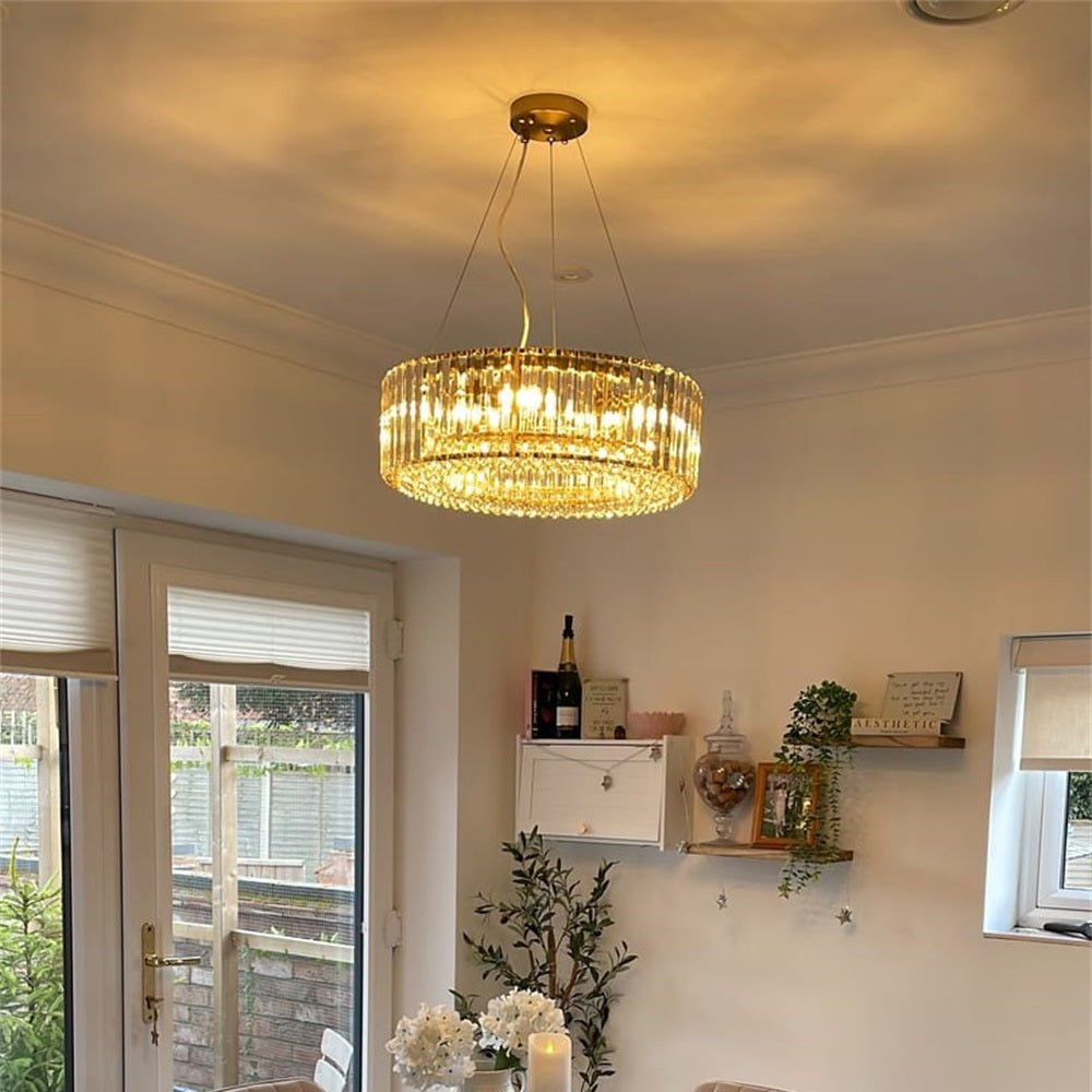 Six-Light Hanging Fixture with Faceted Crystals & Metal Frame for Dining Rooms, Entryways & Living Spaces – Adjustable Height, E14 Base, Gla