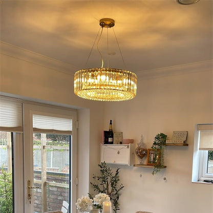 Six-Light Hanging Fixture with Faceted Crystals & Metal Frame for Dining Rooms, Entryways & Living Spaces – Adjustable Height, E14 Base, Gla