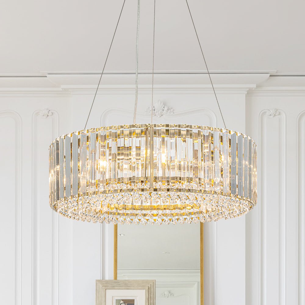 Six-Light Hanging Fixture with Faceted Crystals & Metal Frame for Dining Rooms, Entryways & Living Spaces – Adjustable Height, E14 Base, Gla