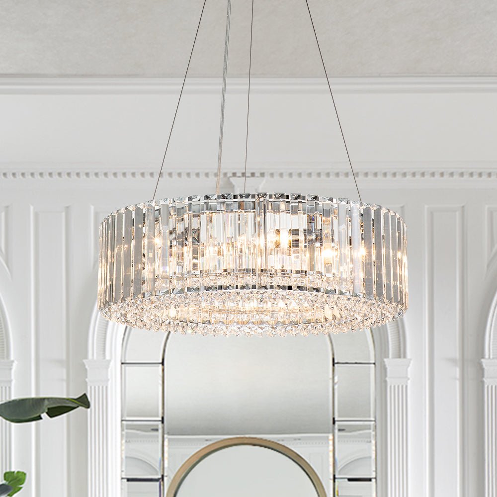 Six-Light Hanging Fixture with Faceted Crystals & Metal Frame for Dining Rooms, Entryways & Living Spaces – Adjustable Height, E14 Base, Gla