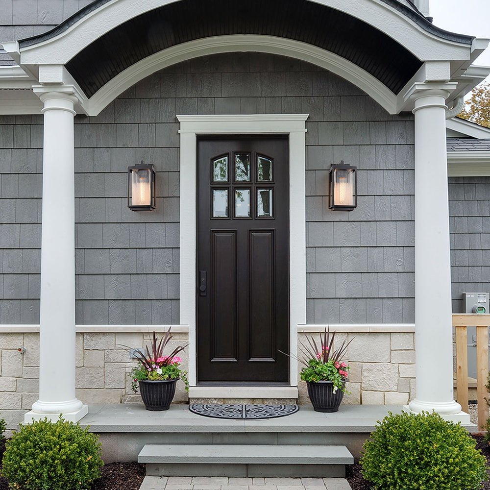 Outdoor Sconce Fixture 13 in Height Black Finish Entry Lighting E27 Socket Weather-Rated Ribbed Glass Panels for Porch Exterior Home Garage