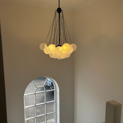 Multi-Sphere Glass Chandelier 31 in Width Adjustable Height for Dining Kitchen Living Room 3-Light Frosted Globe Cluster Overhead Fixture Di