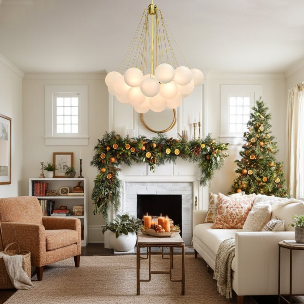 Multi-Sphere Glass Chandelier 31 in Width Adjustable Height for Dining Kitchen Living Room 3-Light Frosted Globe Cluster Overhead Fixture Di