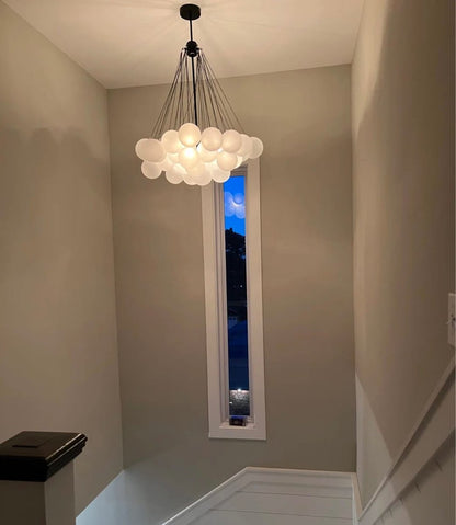 Multi-Sphere Glass Chandelier 31 in Width Adjustable Height for Dining Kitchen Living Room 3-Light Frosted Globe Cluster Overhead Fixture Di