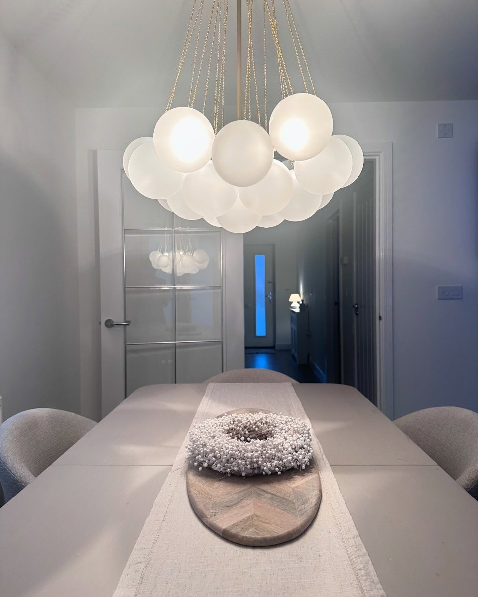 Multi-Sphere Glass Chandelier 31 in Width Adjustable Height for Dining Kitchen Living Room 3-Light Frosted Globe Cluster Overhead Fixture Di