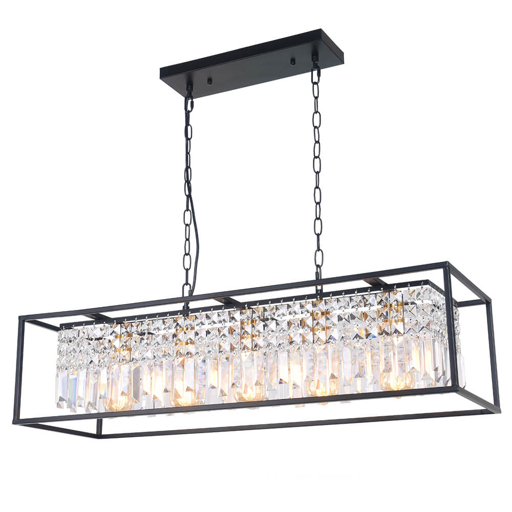 Linear Five-Light Hanging Fixture Black Metal Crystal Glass 35 inch for Kitchen Island Dining Room Table Adjustable Drop Ceiling Lamp Modern